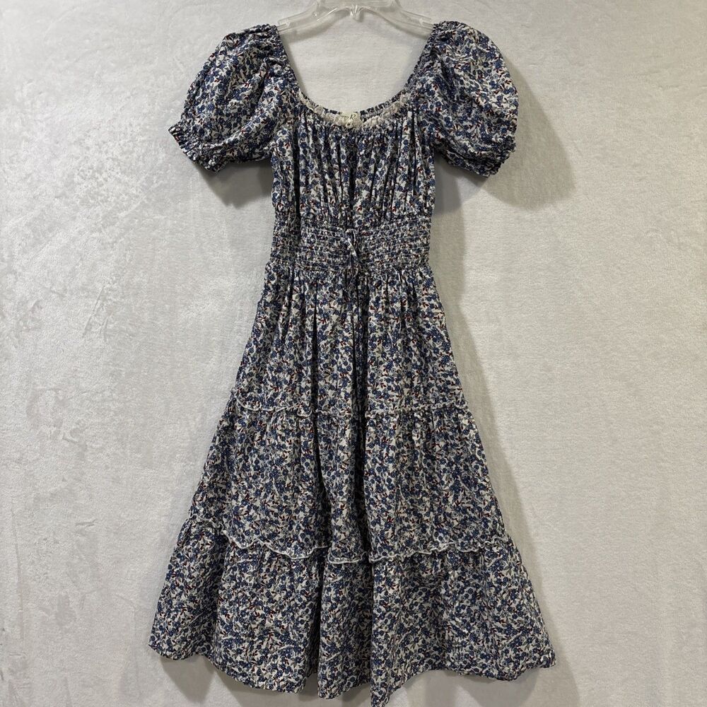Indigo Rose Floral Lace Cottagecore Milkmaid Coquette Tiered Smocked Dress Small